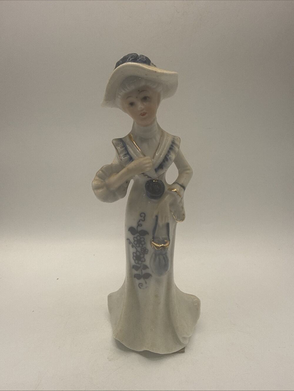 Vintage Porcelain Lady Figurine Blue White Floral Dress Crown Mark 6.5” *